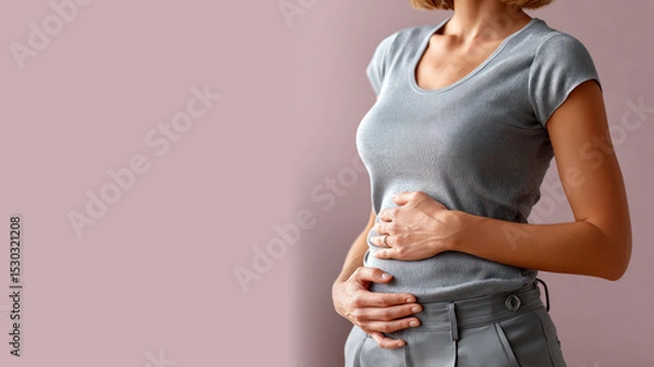 Fototapeta A woman holds her stomach which hurts due to menstrual problems isolated on pastel background
