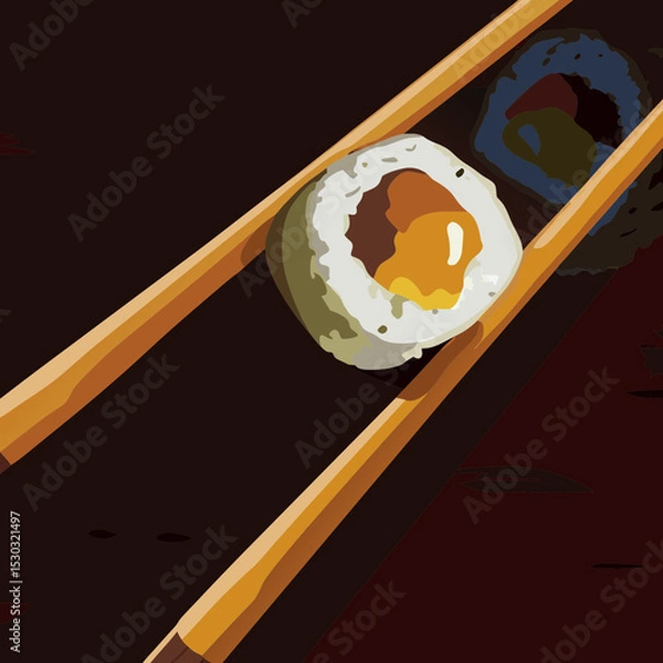 Fototapeta Close up of sushi roll held by chopsticks on dark surface