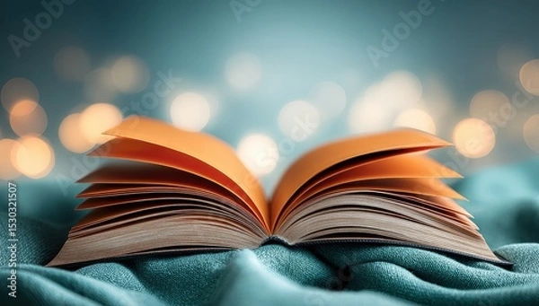 Fototapeta Open book on teal fabric, warm lights