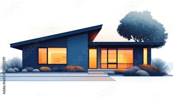 Fototapeta Modern Home Exterior, Evening Light, Residential Architecture, Exterior Design,  Possible Use Stock Photo for Real Estate, Architecture, or Interior Design