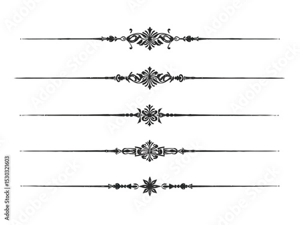 Fototapeta Five ornate black and white decorative dividers or rules for page design elements.