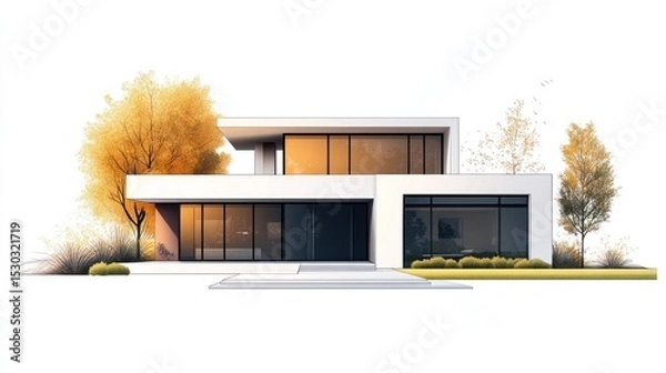 Fototapeta Modern house exterior autumn setting, architectural design, illustration