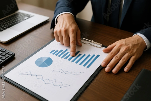 Fototapeta Financial report with charts and graphs on clipboard showing data analysis and finance trends for business strategy and investment decisions in office setting