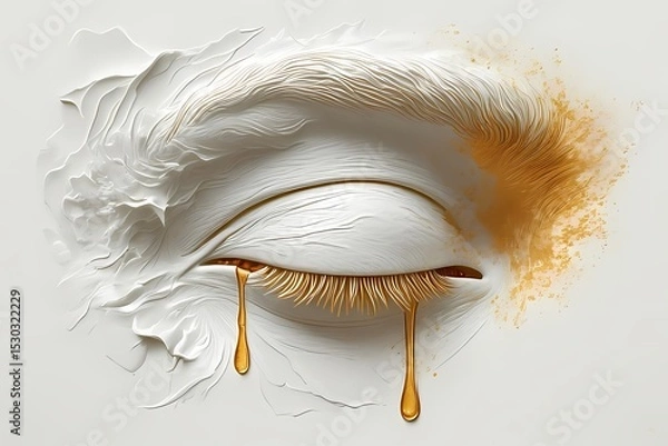 Fototapeta “A white face in low-relief with closed eyes, a single golden teardrop falling from one eye — emotive, minimalist, and deeply symbolic.”