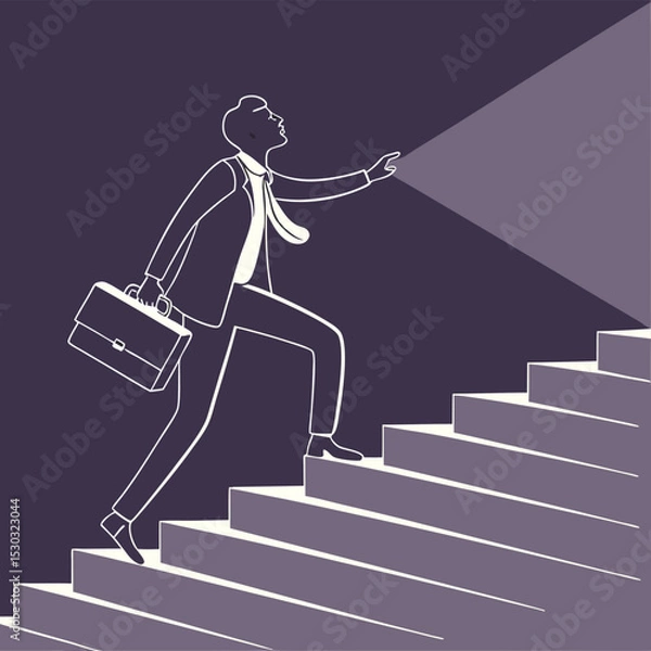 Obraz A man in a suit with a briefcase climbs stairs towards light