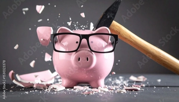 Fototapeta Saving money coin into piggy bank closeup Hit with a hammer