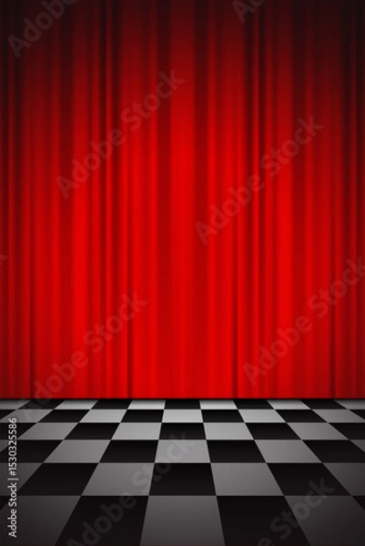 Obraz red curtain background and black and white checkered floor