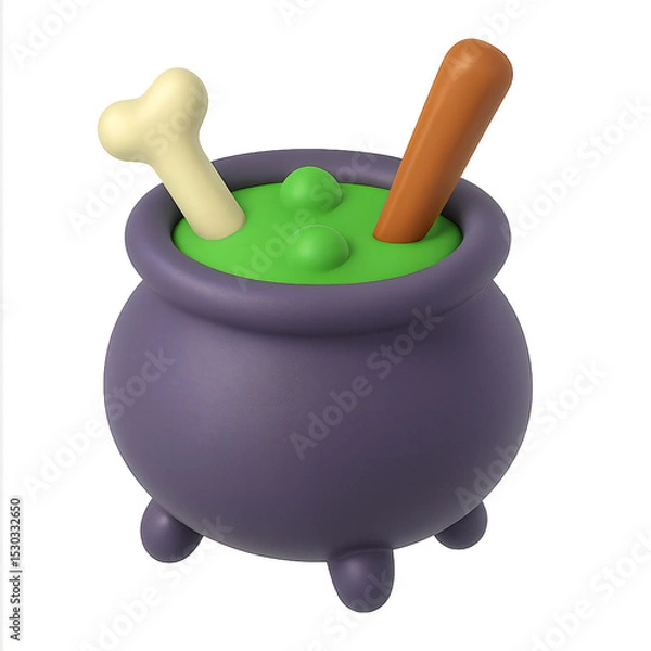 Fototapeta A cartoon-style cauldron with green potion, a bone, and a stirring stick, isolated on white.