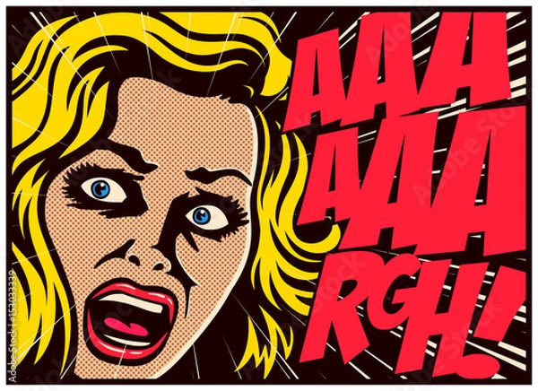 Obraz Panel komiksu w stylu Pop Art z przerażoną kobietą w panice krzyczącej w przerażeniu ilustracji wektorowych plakatu