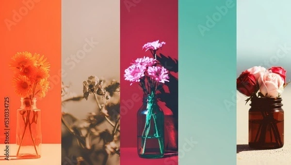 Fototapeta Floral still life, split into panels with varied backgrounds