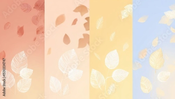 Fototapeta Four pastel-toned vertical panels featuring delicate, white leaf silhouettes against soft color gradients.  Falling leaves create a gentle, airy feel
