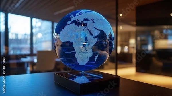 Obraz Glass globe levitating on a dark base in a modern office.
