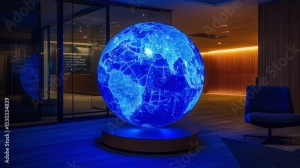 Obraz Illuminated global network sphere in modern lobby.