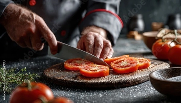 Fototapeta Chef slicing tomatoes on a wooden board
