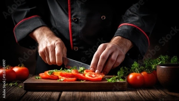 Fototapeta Chef slicing tomatoes on a wooden board (1)
