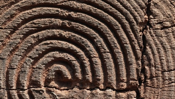 Fototapeta Ancient, earth-toned, concentric circles carved into a textured surface