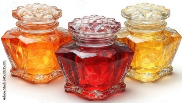 Fototapeta Three glass jars, each with a decorative lid and filled with colored liquid, displayed on a white background