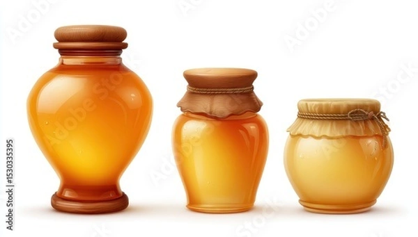 Fototapeta Three honey jars in varying styles, amber glass, wooden lids, realistic illustration