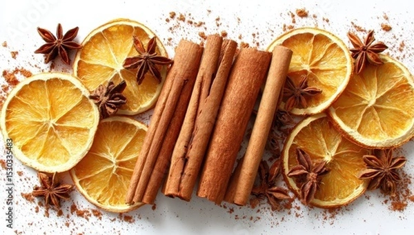 Fototapeta Dried orange slices, cinnamon sticks, and star anise on white background