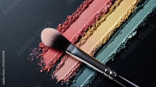 Obraz Makeup brush on colorful eyeshadow swatches. (1)