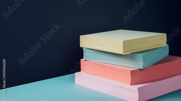 Obraz Stack of pastel colored sticky notes on a blue surface against a dark background.