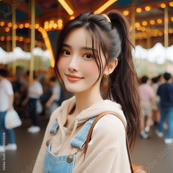 Fototapeta Cheerful Young Woman at Amusement Park in Joyful Expression and Carefree Moment with Generative AI.