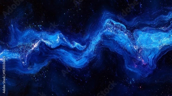 Obraz Abstract blue glowing nebula-like swirls and glitter on dark background.