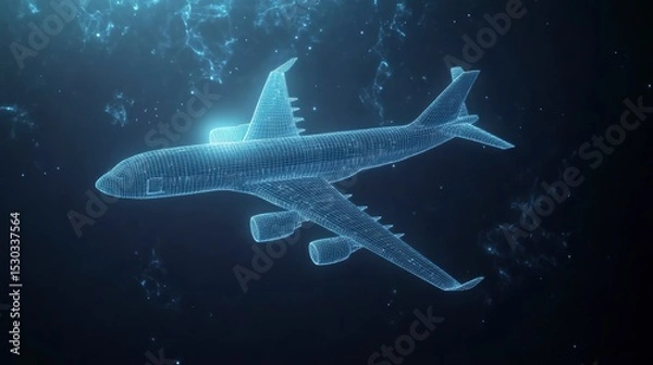 Obraz Futuristic digital airplane model, wireframe design, dark blue background.