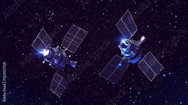 Obraz Two satellites orbiting Earth against a starry backdrop.