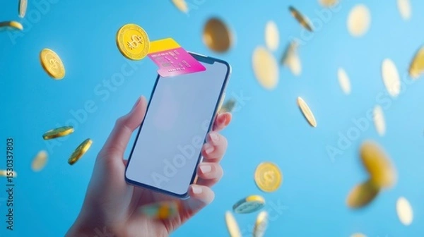 Obraz Hand holding smartphone with digital credit card and cryptocurrency coins falling.
