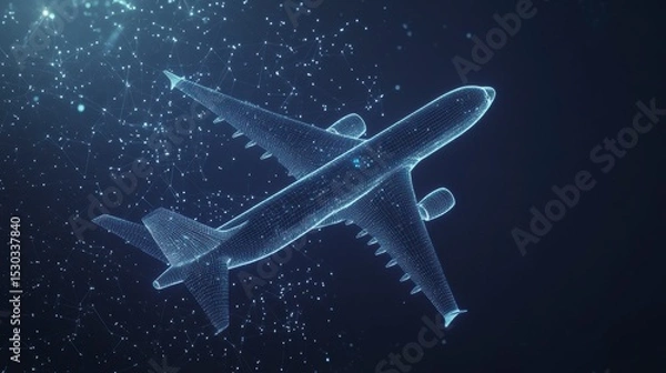 Obraz Futuristic digital airplane design, wireframe model of aircraft in dark blue space with glowing particles.