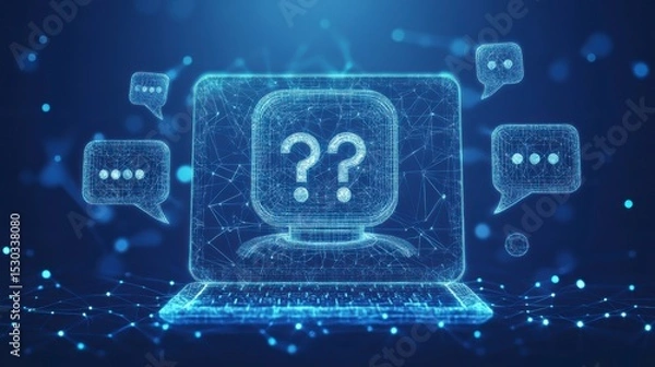 Fototapeta Digital laptop with question marks and chat bubbles, representing online queries and communication.