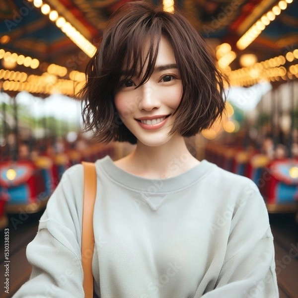 Fototapeta Cheerful Young Woman at Amusement Park in Joyful Expression and Carefree Moment with Generative AI.