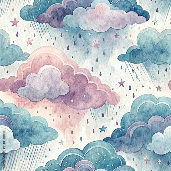 Fototapeta Watercolor seamless pattern with colorful clouds, raindrops, and stars on white background. Perfect for dreamy nursery designs