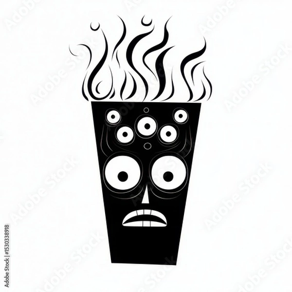 Fototapeta Black and White Stylized Face Illustration with Multiple Eyes and Steam