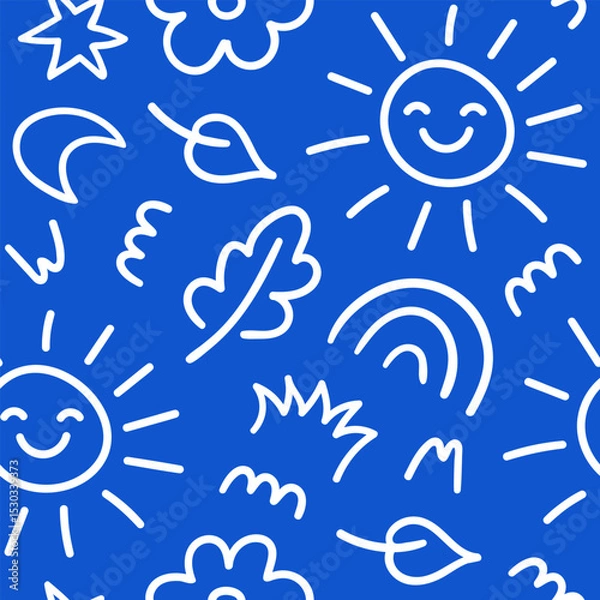 Fototapeta Seamless pattern of cute kids elements. Hand drawn fun childish print. Blue and white colors. Vector line illustration	