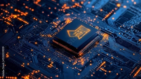 Fototapeta Close-up of a microchip with a glowing download icon, representing data transfer and digital technology.