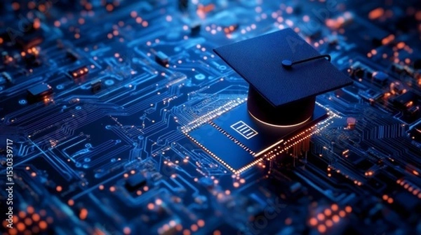 Obraz Graduation cap on a computer chip, symbolizing online education or tech in education.