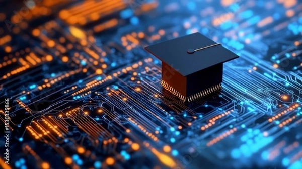 Obraz Graduation cap on a circuit board, symbolizing online education and technology.