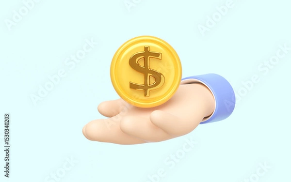 Obraz 3d cartoon hand holding dollar coins icon isolated on blue background. investment business concept, 3d render illustration