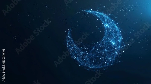 Obraz Abstract crescent moon formed by glowing network nodes and lines on dark blue background.