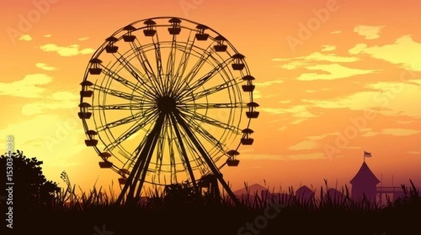 Obraz Silhouette of a Ferris wheel at sunset, overlooking a landscape with tall grass and a distant building.