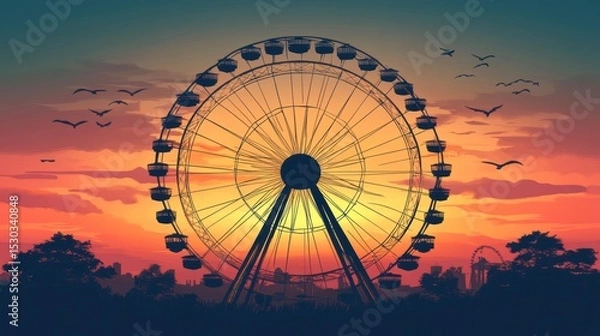 Obraz Silhouette of a Ferris wheel at sunset with birds flying.