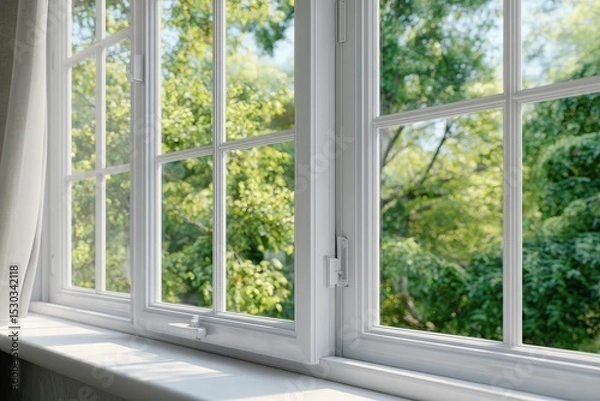 Fototapeta View of a window with a garden outside showing bright light and green foliage
