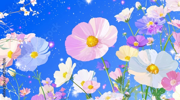 Fototapeta Playful vibrant pastel flowers in shades of pink, blue, and yellow, blooming against a sparkling starry night sky, creating a whimsical and peaceful garden scene with celestial glowing elements