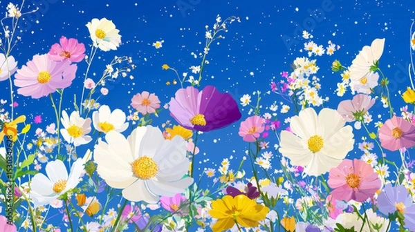 Fototapeta Playful vibrant pastel flowers in shades of pink, blue, and yellow, blooming against a sparkling starry night sky, creating a whimsical and peaceful garden scene with celestial glowing elements