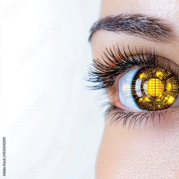 Fototapeta Close Up Woman's Eye Glowing Golden Circuit Board Pattern Bright White Background