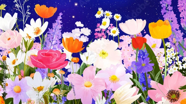 Fototapeta Magic vibrant blooming flowers in shades of pink, red, yellow, and purple, set against a celestial starry sky, creating a whimsical and peaceful spring garden scene with vivid, lively blooms