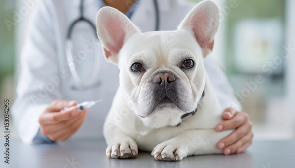 Fototapeta Pet French Bulldog is calm during vaccination scene at veterinary clinic where vet holds syringe preparing to give shot for dog health and safety