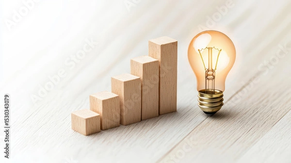 Fototapeta Wooden blocks arranged in ascending order beside a glowing light bulb on a light wooden surface.